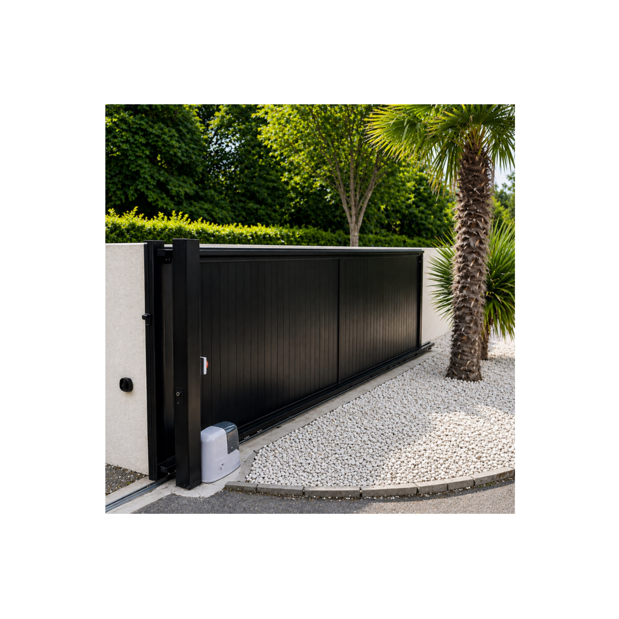 maicy black aluminium slatted driveway gate inside view