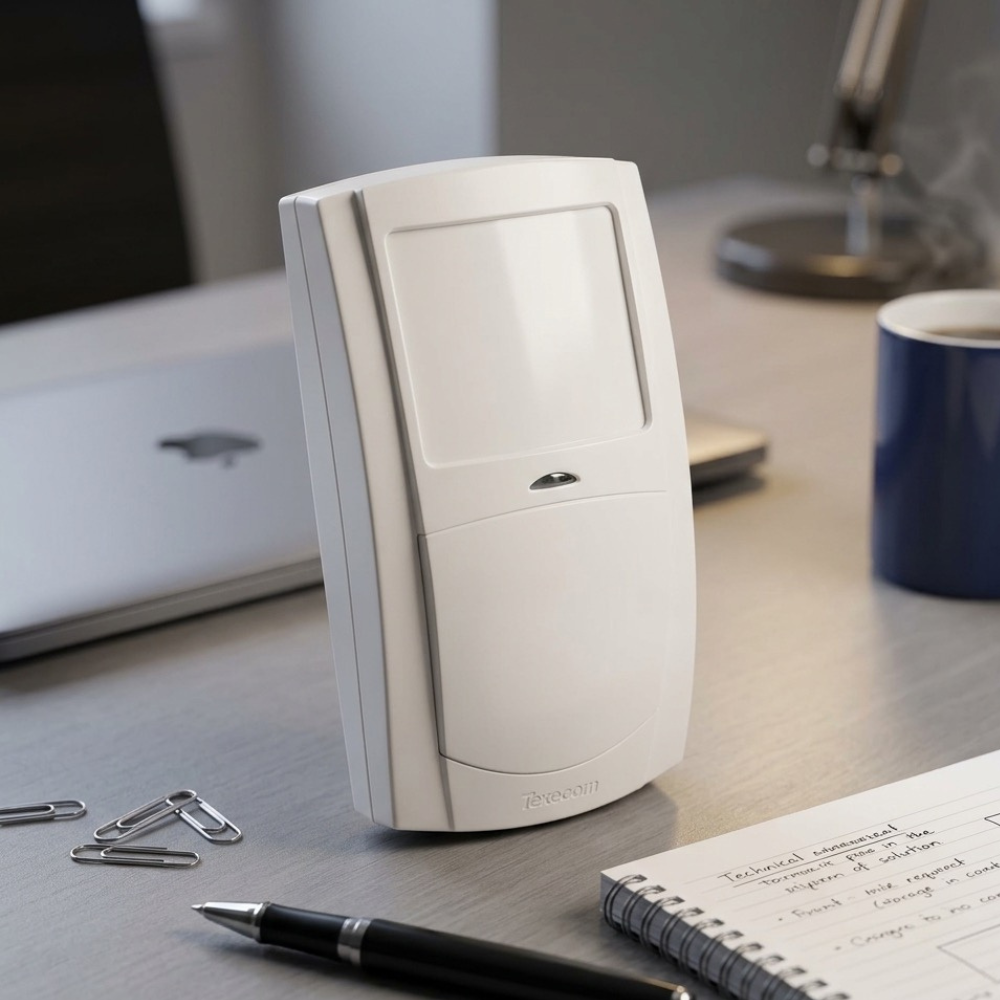 White texecom dual tech sensor on a desk with office items