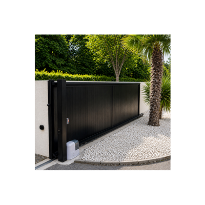 maicy black aluminium slatted driveway gate inside view