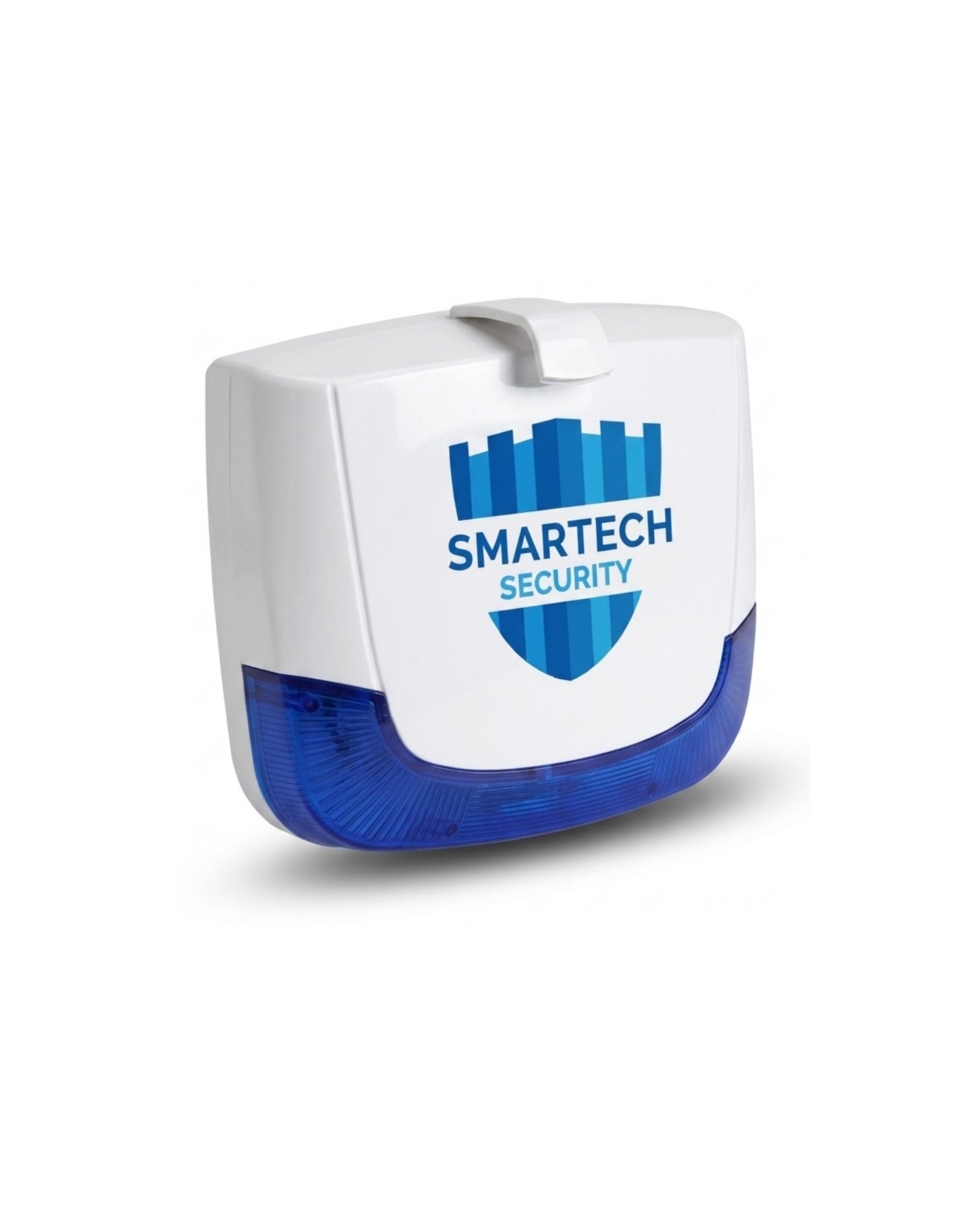 White and blue risco siren with 'SMARTECH SECURITY' branding on a white background