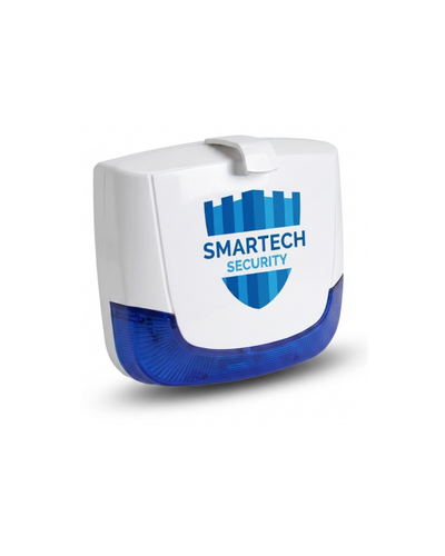 White and blue risco siren with 'SMARTECH SECURITY' branding on a white background